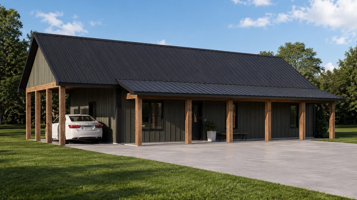 House plan exterior with dark metal roof, wood columns, and covered carport for one car.