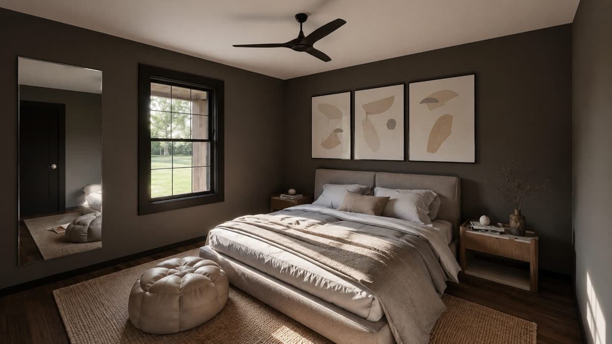 Bedroom rendering with a queen bed, ceiling fan, large window, and abstract art above the headboard.