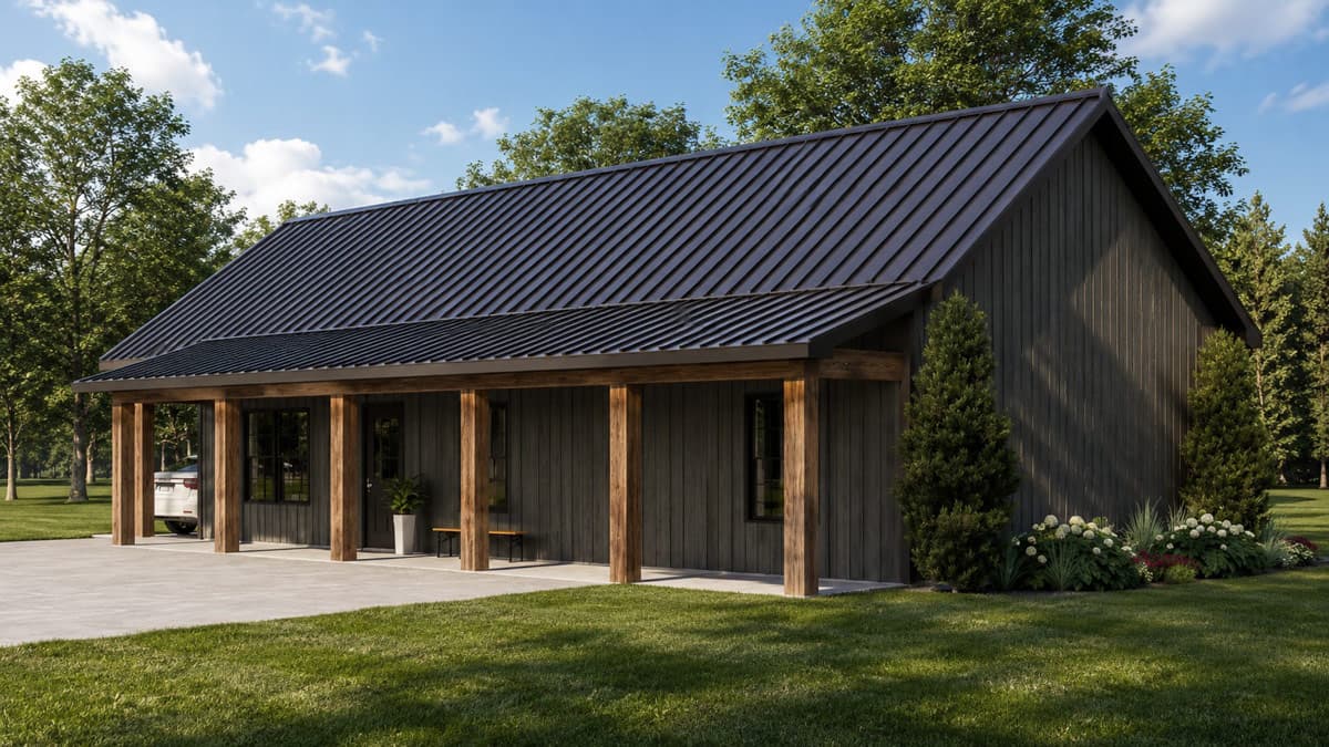 Modern ranch house plan exterior with dark vertical siding, a standing seam metal roof, and a covered porch with timber posts.