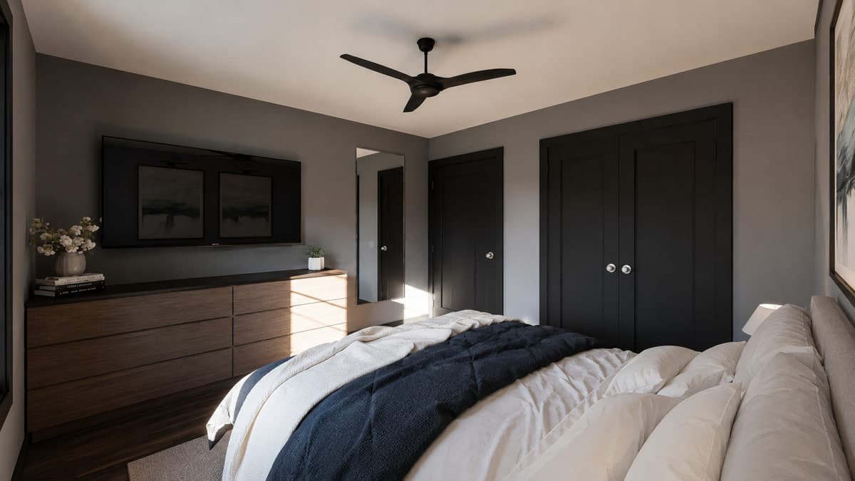 Primary bedroom rendering with dark double doors, mounted television, dresser, and ceiling fan.