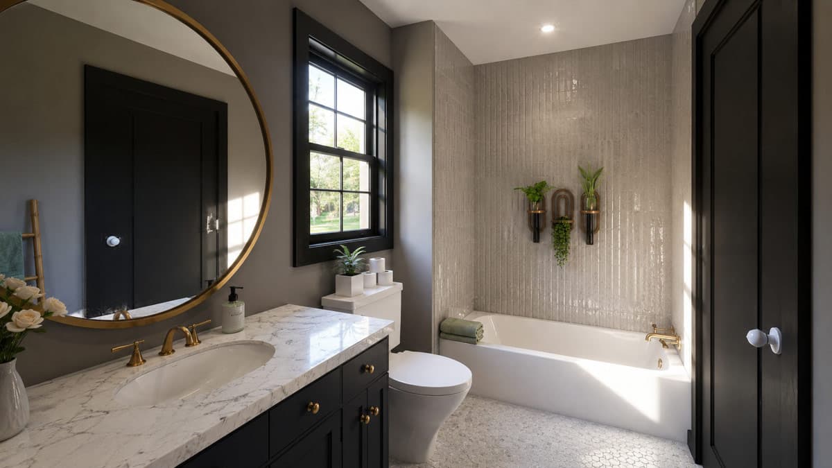 Bathroom rendering with a white vanity, marble countertop, brass fixtures, bathtub, and vertical tile accent wall.