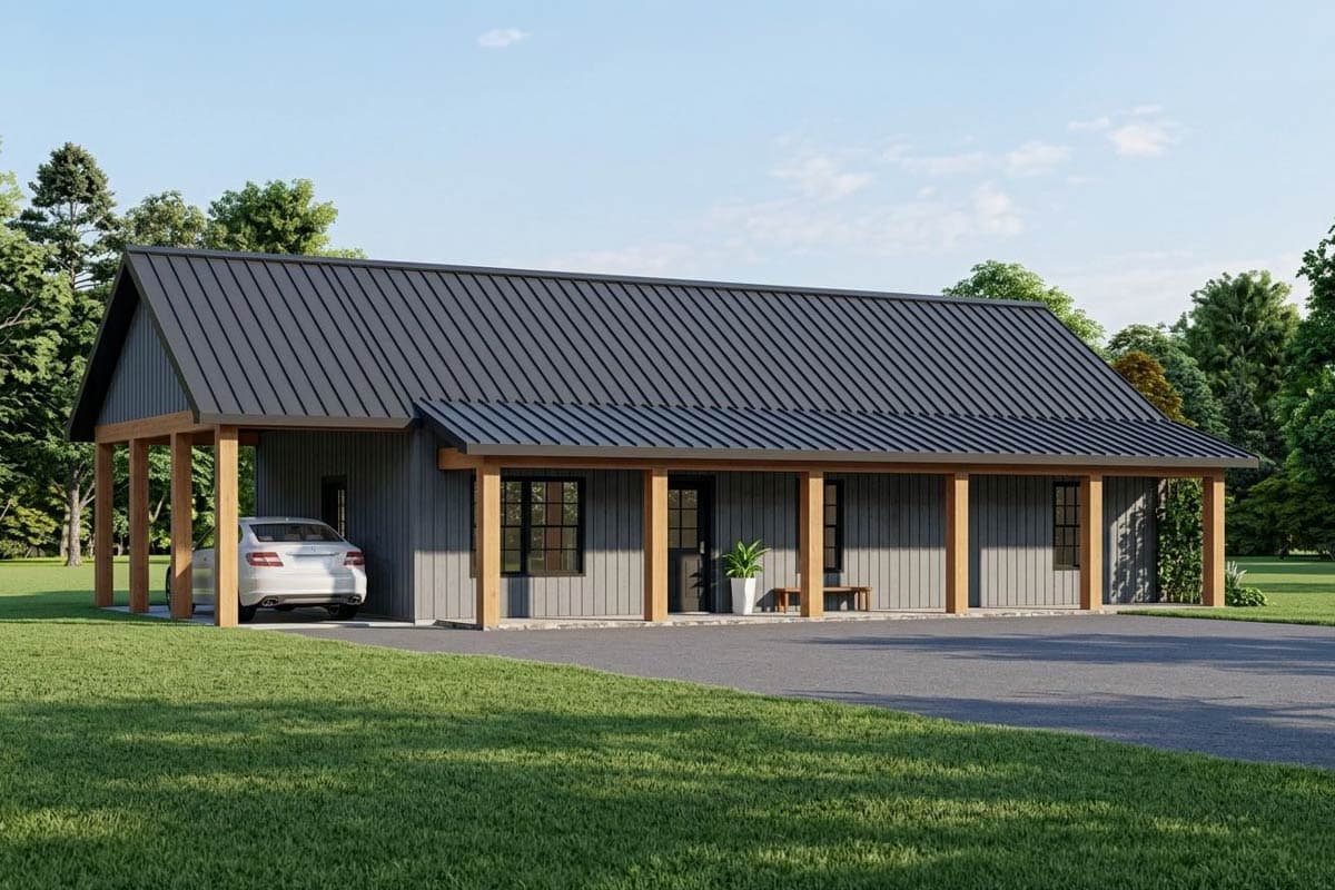 House plan exterior with dark metal roof, wood columns, and covered carport for one car.