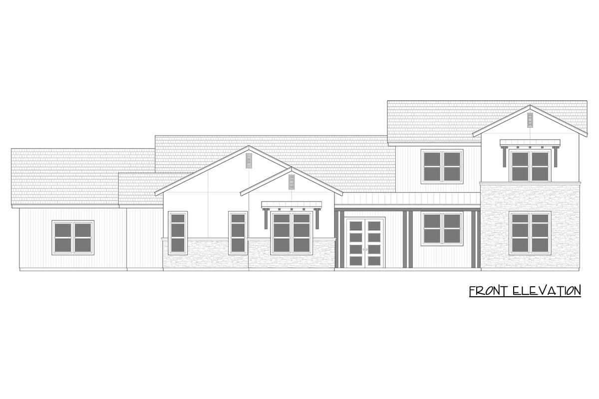 Front elevation drawing of a multi-story house with varied rooflines, gables, and stone accents.