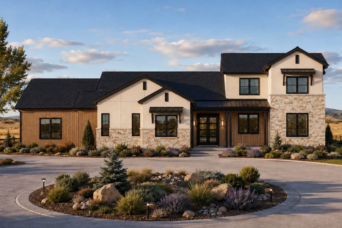 Two-story Modern Farmhouse exterior with wood siding, stone accents, dark gables, and a covered entryway with double doors.