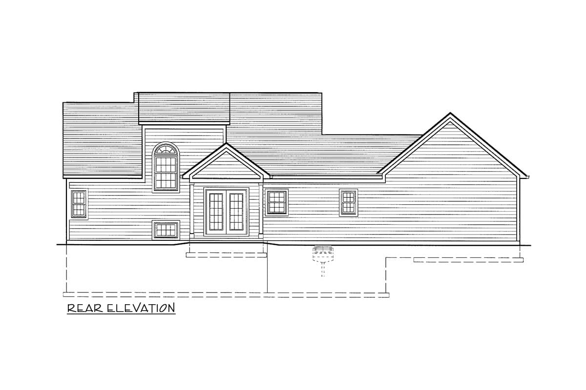 Rear elevation drawing showing multiple gables, double doors, and various window types.
