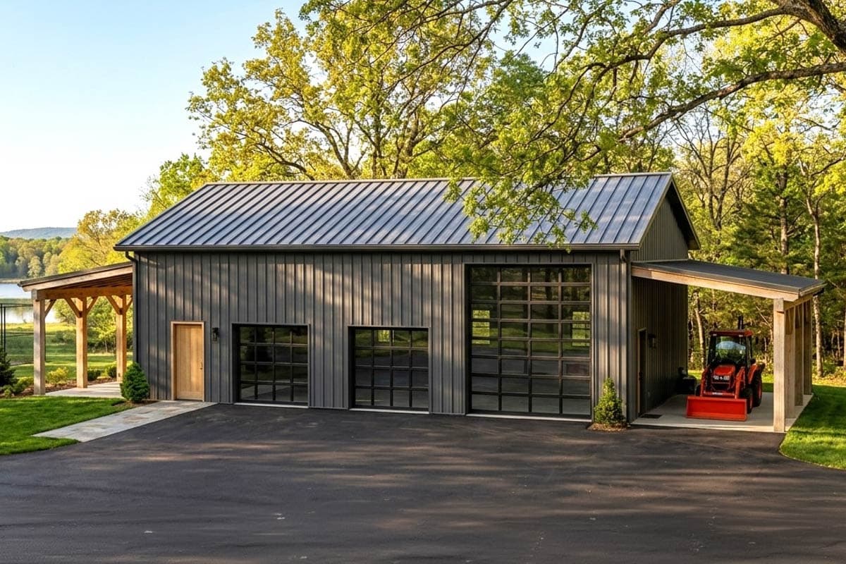 Modern barn-style garage with vertical siding, metal roof, two glass panel garage doors, and an attached carport with a tractor.