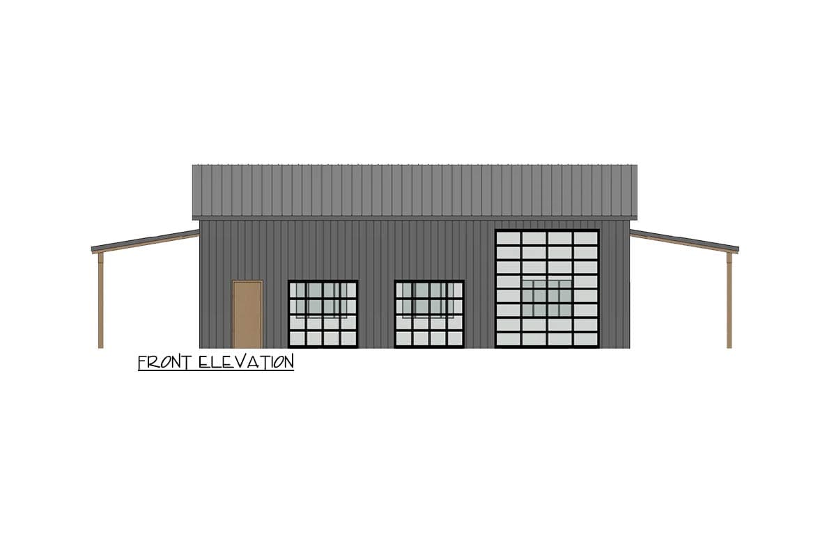 Front elevation drawing of a building with vertical siding, a gable roof, a door, three windows, and a large garage door.