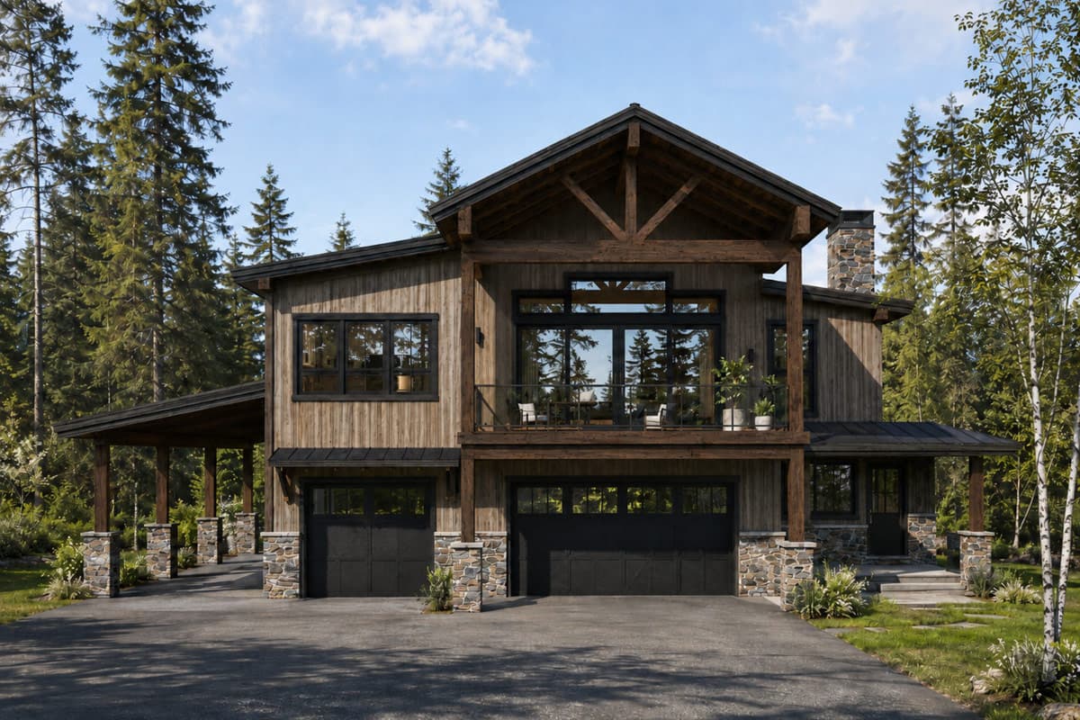 Plan 246036DLR: Rustic Mountain House Plan with 4 Bedrooms and Expansive Garage - Image #1 - Barndominium, Cabin, Mountain, Rustic