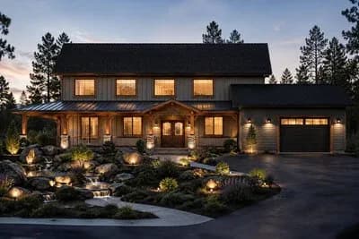 Rustic Mountain Barndominium House Plan with Three Bedrooms and Wraparound Porch