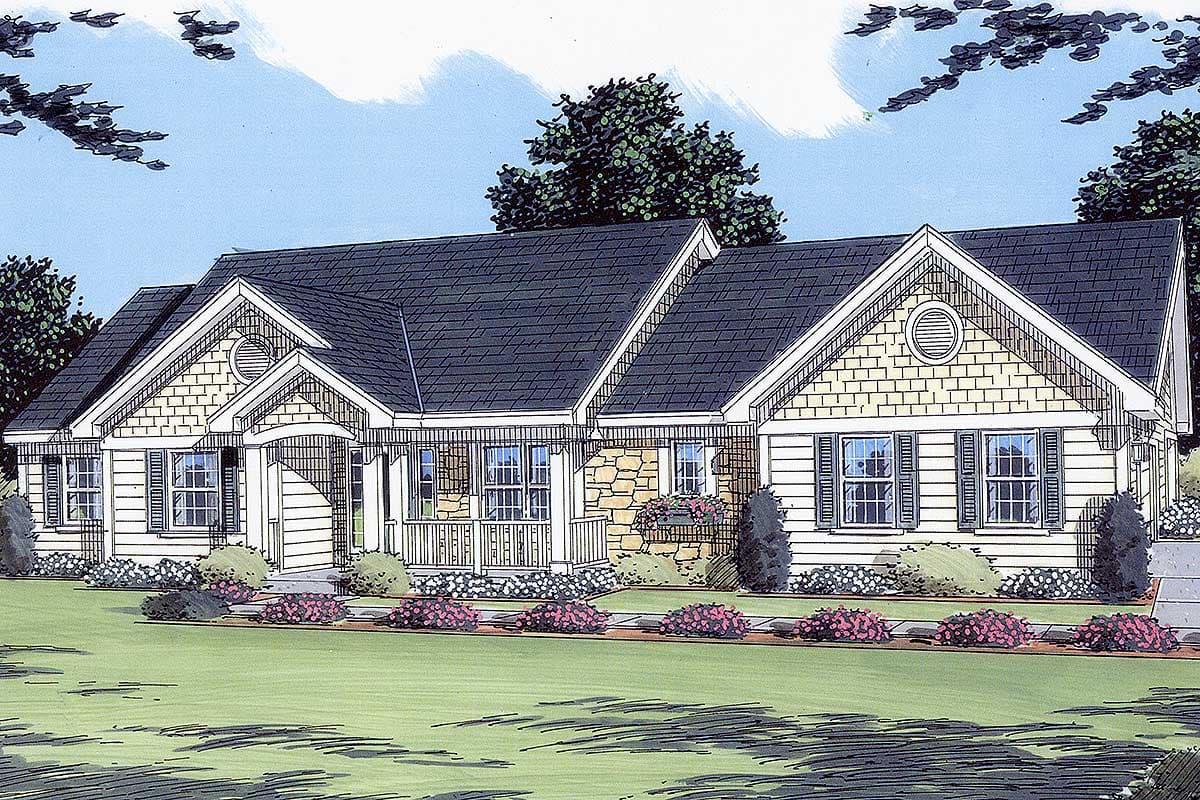 House plan exterior: single-story Ranch with covered porch, stone accents, gables, and dormer windows.