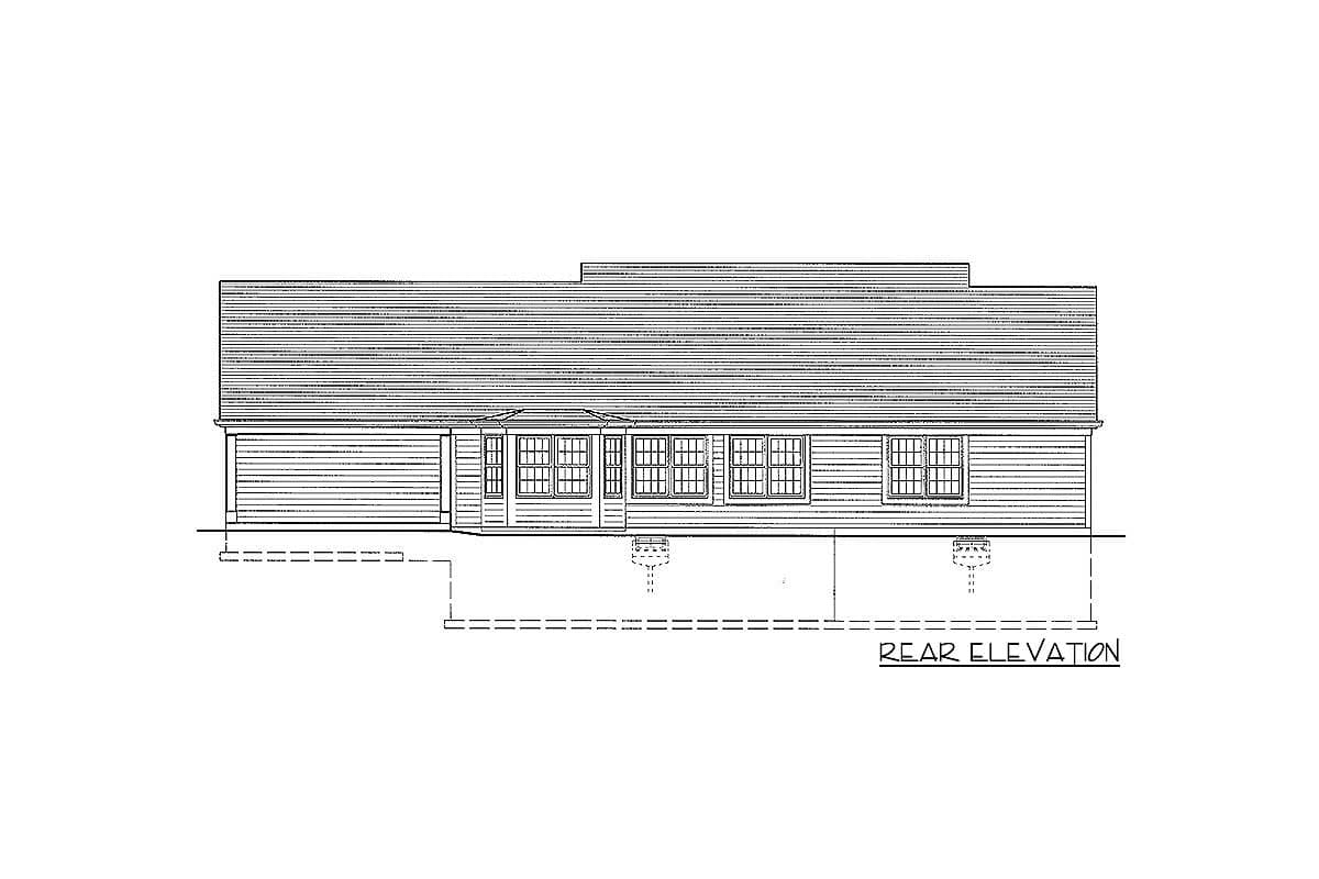 Rear elevation drawing of a single-story house plan with a long roofline and numerous windows.