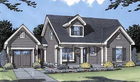 House plan exterior: Craftsman style, one-story home with attached garage, gable dormer, and covered front porch with columns.