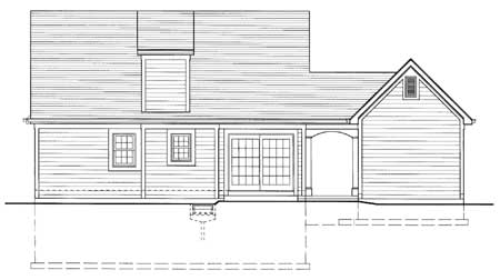 House plan rear elevation showing a gabled roof, dormer, sliding glass doors, arched entry, and windows.