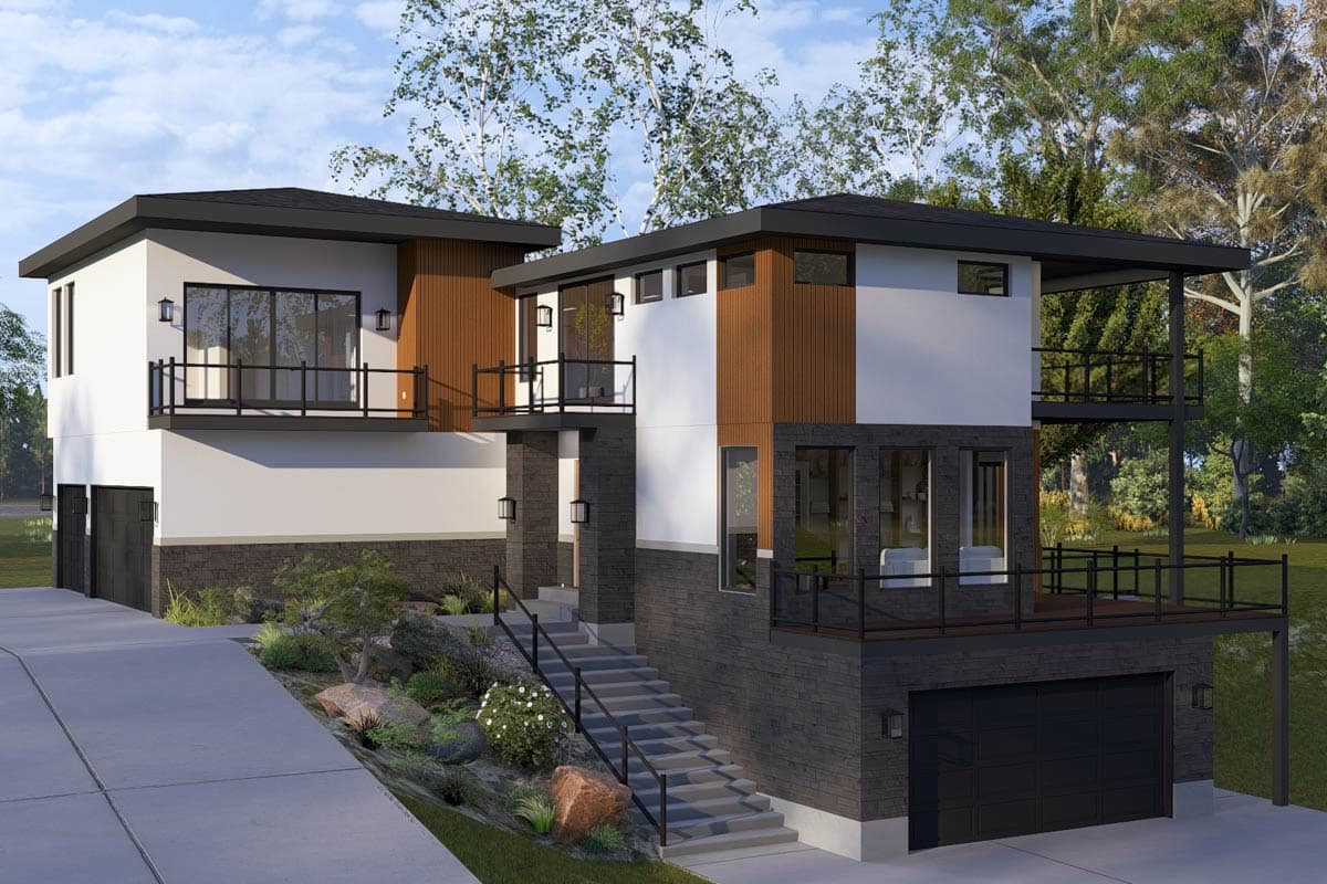 Modern house plan exterior with two stories, multiple balconies, and stone and wood siding.