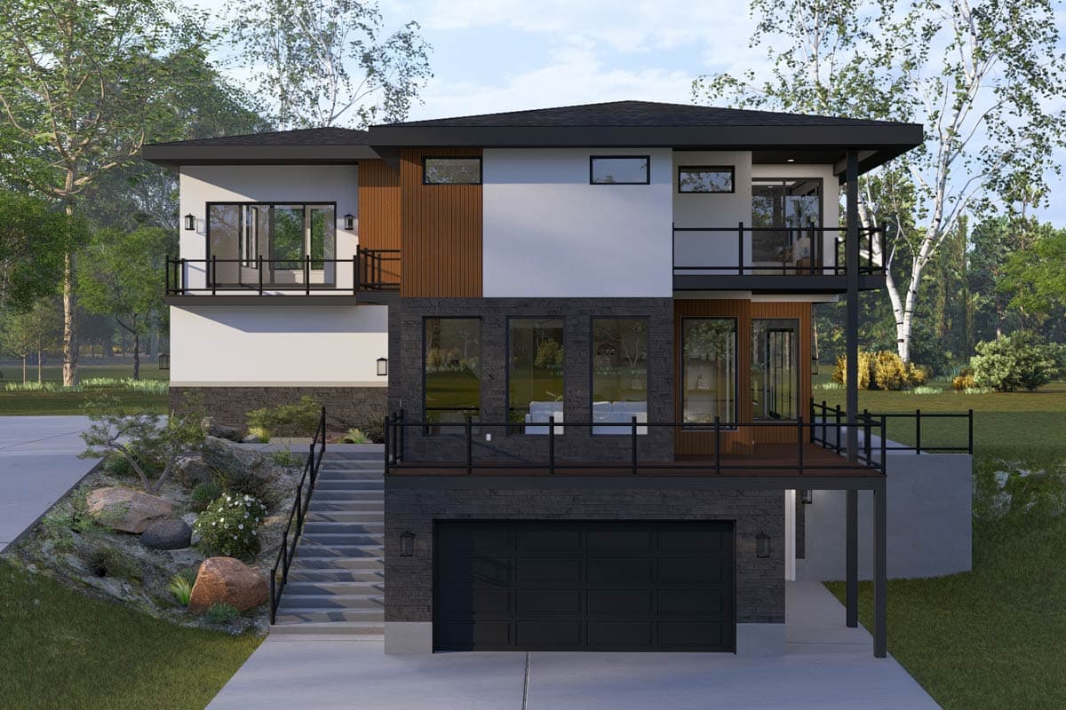 Modern two-story house plan exterior with stone, wood, and white siding, multiple balconies, and a detached garage.