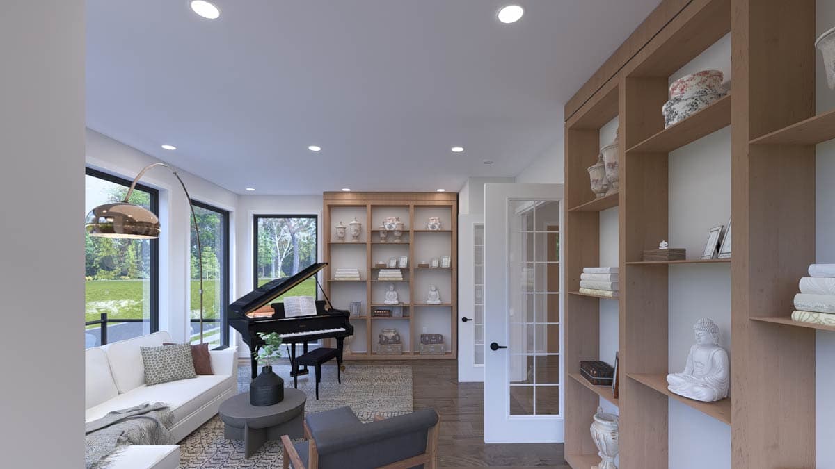 Interior rendering of a living room with a grand piano, white sofa, floor lamp, and built-in shelving unit.