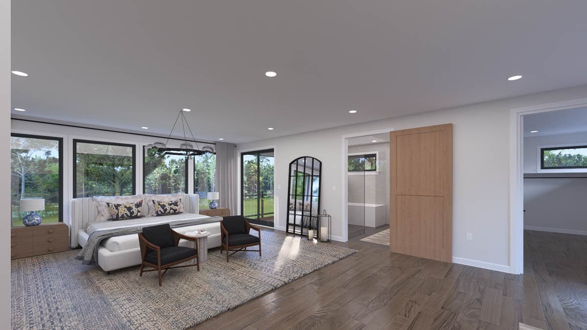 Primary suite interior rendering with bed, sitting area, large windows, adjoining bath, and sliding wood door.