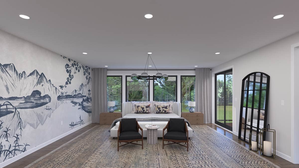 Interior rendering of a bedroom with a large mural on the left wall, king-size bed, and floor-to-ceiling windows.