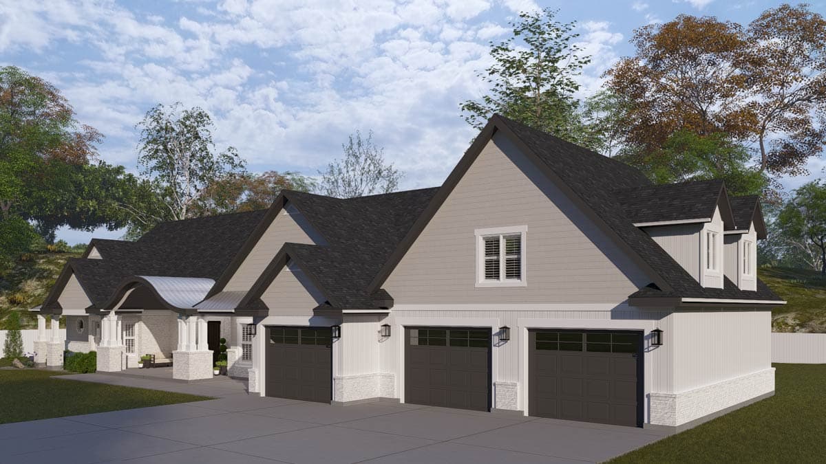 House plan exterior with a Modern Farmhouse style, featuring a triple garage, prominent gables, and a curved metal roof entry.
