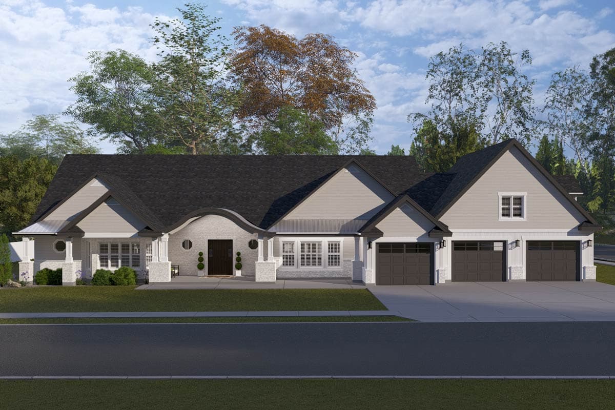 House plan exterior: Ranch style, single story, featuring a covered front porch, gabled dormer, and a three-car garage.