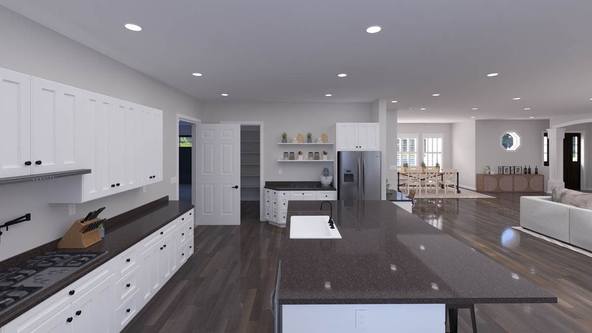 Kitchen rendering with white cabinets, dark countertops, island with sink, and adjacent dining area with large windows.