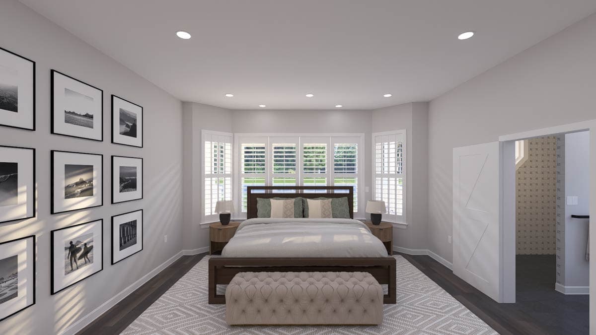 Primary bedroom interior rendering with bay window, plantation shutters, framed artwork wall, and barn door.