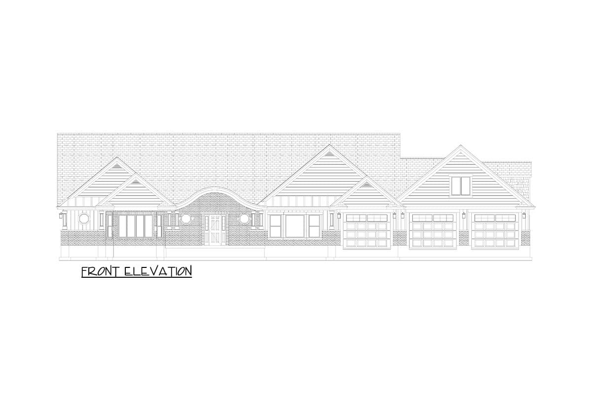 Front elevation drawing of a one-story house plan with multiple gables, a prominent brick entrance, and a three-car garage.