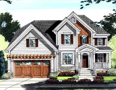 House plan exterior with prominent gables, arched dormer window, covered front porch, and detached two-car garage with pergola.