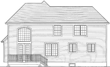 House plan exterior drawing, two stories, with a large arched window and double doors on the first floor, a deck, and multiple windows.