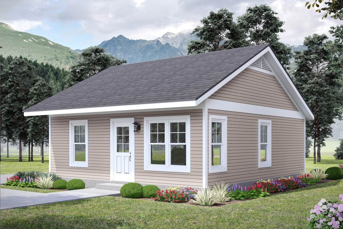 House plan exterior for a single-story home with a gable roof, horizontal siding, and a prominent front-facing gable vent.