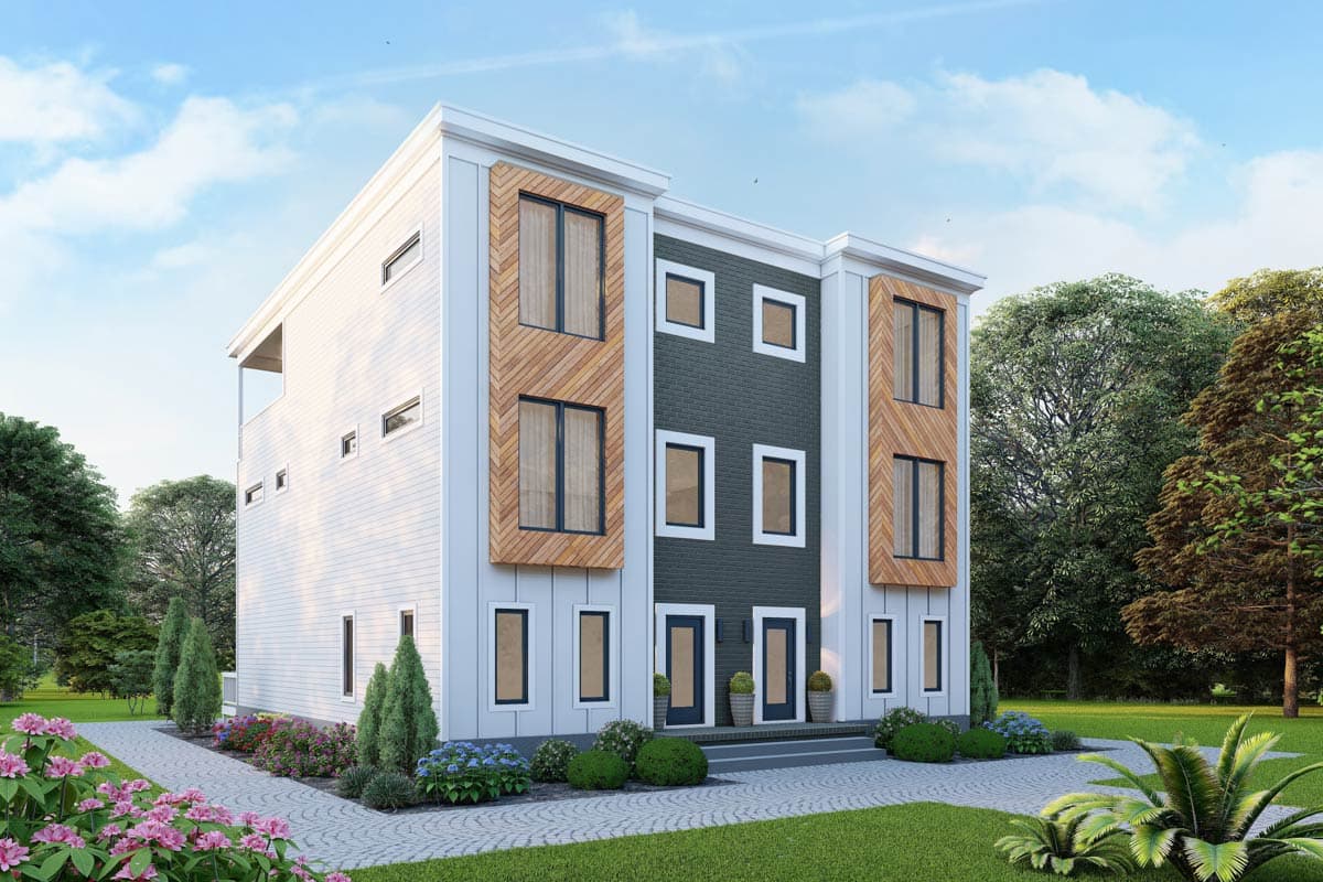 Modern townhouse exterior with white siding, wood accents, dark gray brick facade, and multiple large windows across three stories.