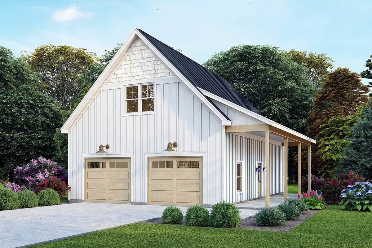 Modern Farmhouse house plan exterior featuring two garage doors, a covered porch, vertical siding, and a prominent gable with dormer window.