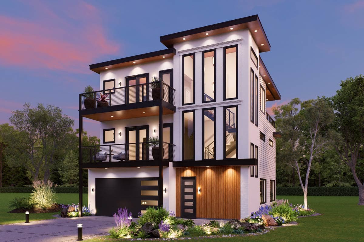 Modern three-story house plan exterior with stacked balconies, large vertical windows, and a two-car garage.