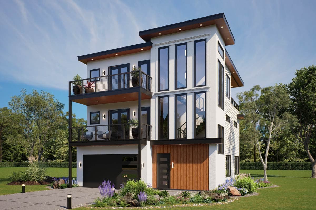 Modern house plan exterior with three stories, balconies, vertical windows, and a garage.