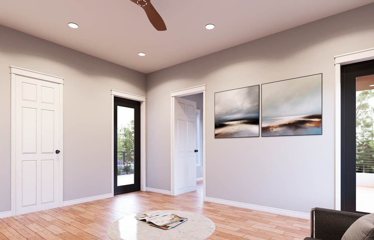 Interior rendering showing a room with two doors, a black-framed glass door, and two landscape paintings on the wall.