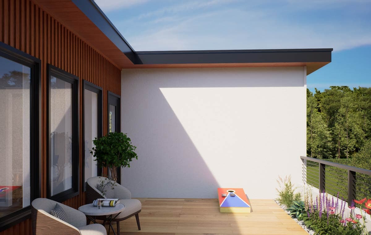 Modern house exterior rendering with vertical wood siding, flat roof, and wood deck with seating and cornhole set.