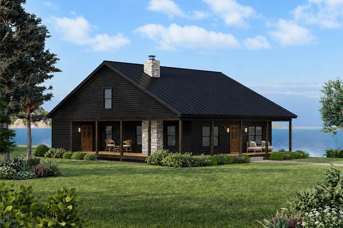 House plan exterior: Modern Farmhouse style, one-story, featuring a wraparound porch, metal roof, and stone chimney.