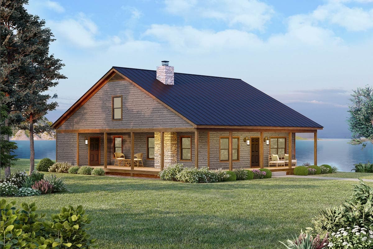 House plan exterior: single-story home with a full-width covered porch, wood siding, stone accents, and a dark metal roof.