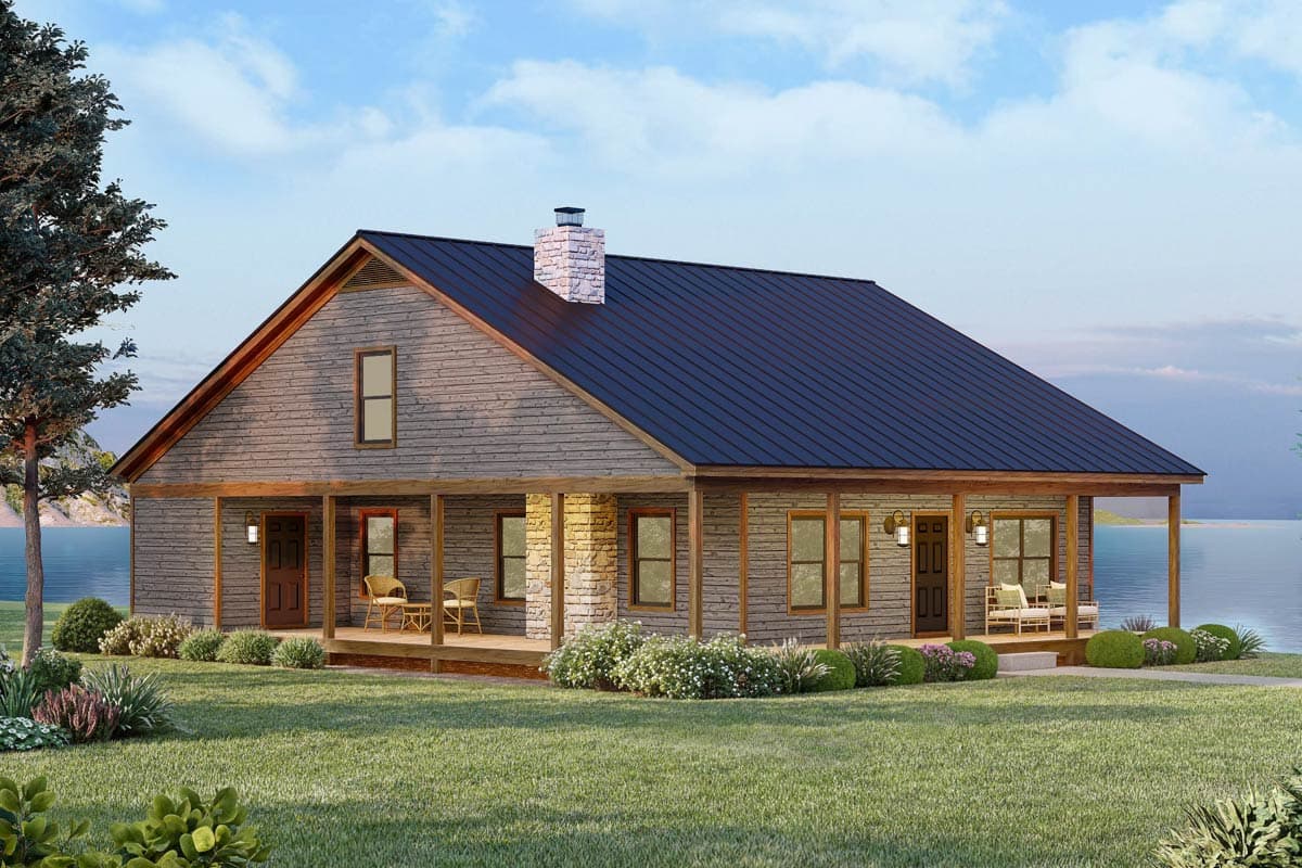 Plan image - 680689VR:Rustic Cabin House Plan Featuring Wraparound Porch and Open Great Room