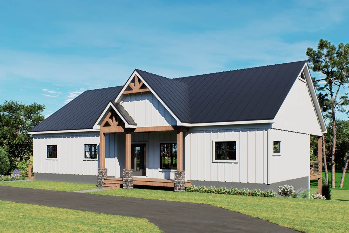 Modern Farmhouse house plan exterior, one story, with covered front porch, board and batten siding, and metal roof.