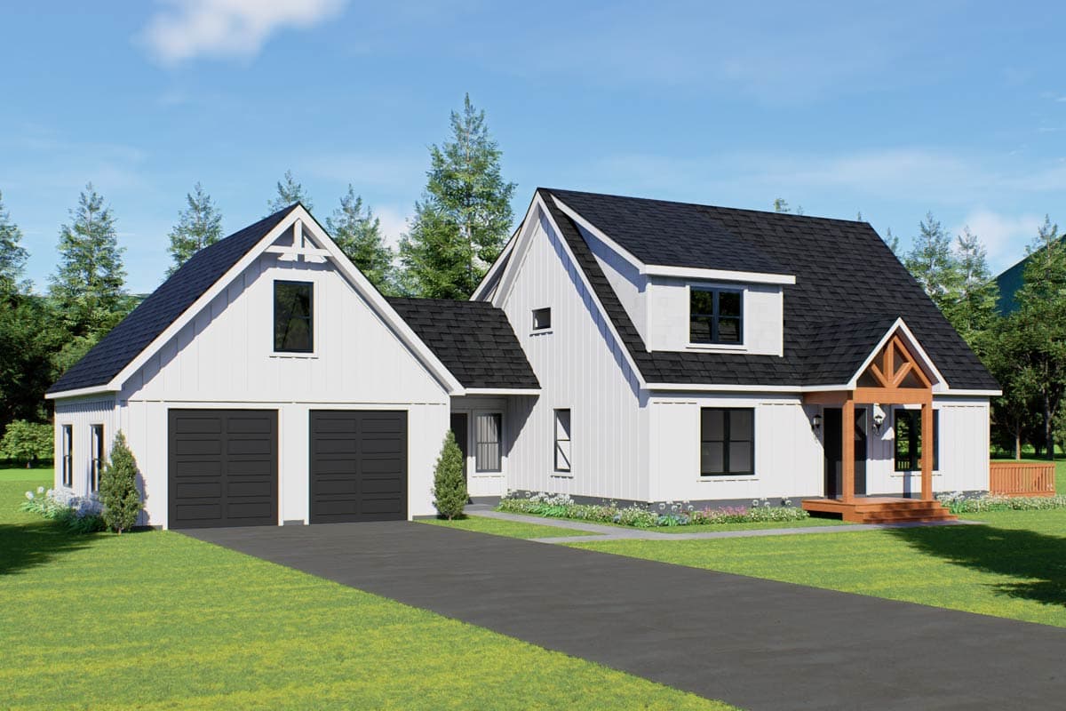 Modern Farmhouse house plan exterior with two-car garage, gabled dormers, and covered entry with exposed beams.