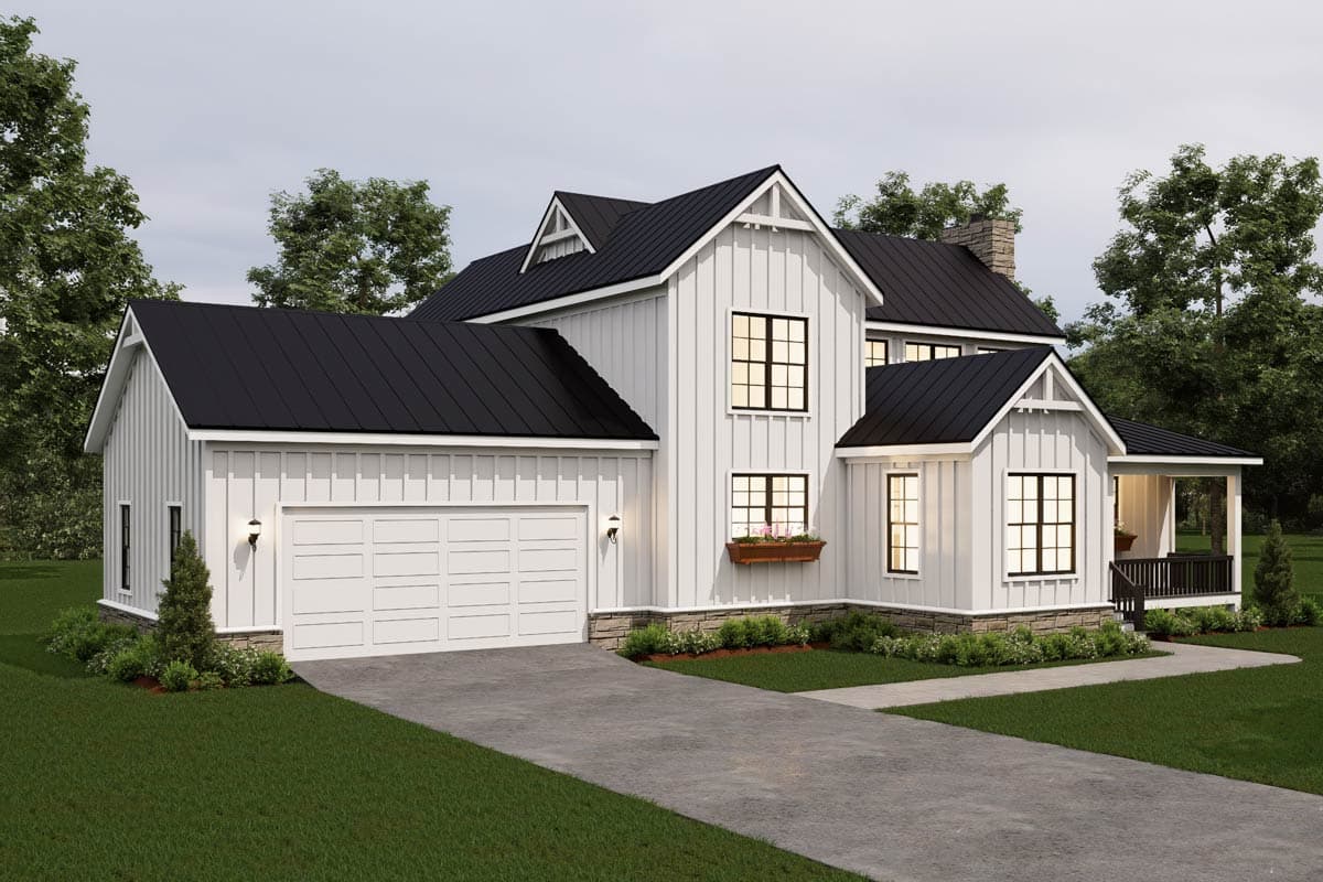 Modern farmhouse house plan exterior with white board and batten siding, black metal roof, attached garage, and stone foundation.