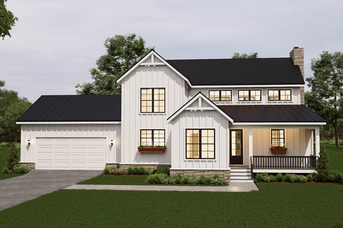 Modern Farmhouse house plan exterior with a two-car garage, gabled dormers, stone accents, and a covered front porch.