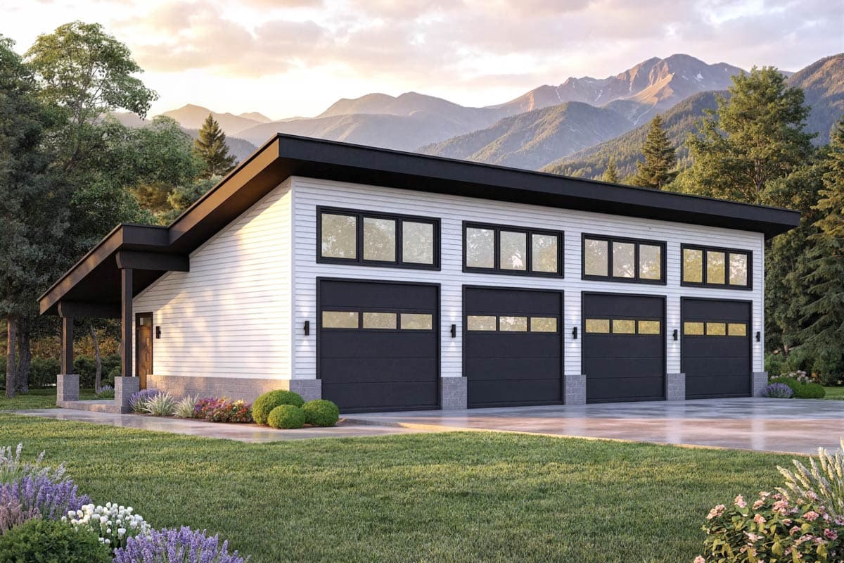Modern house plan exterior with white siding, a low-slope roof, a covered porch, and five garage doors.