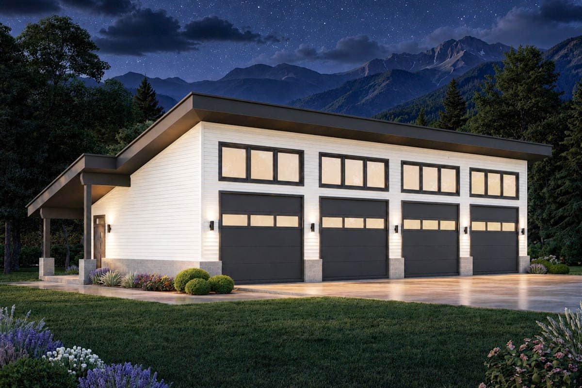 Modern house plan exterior with white horizontal siding, a low-slope roof, a covered porch, and four garage bays.