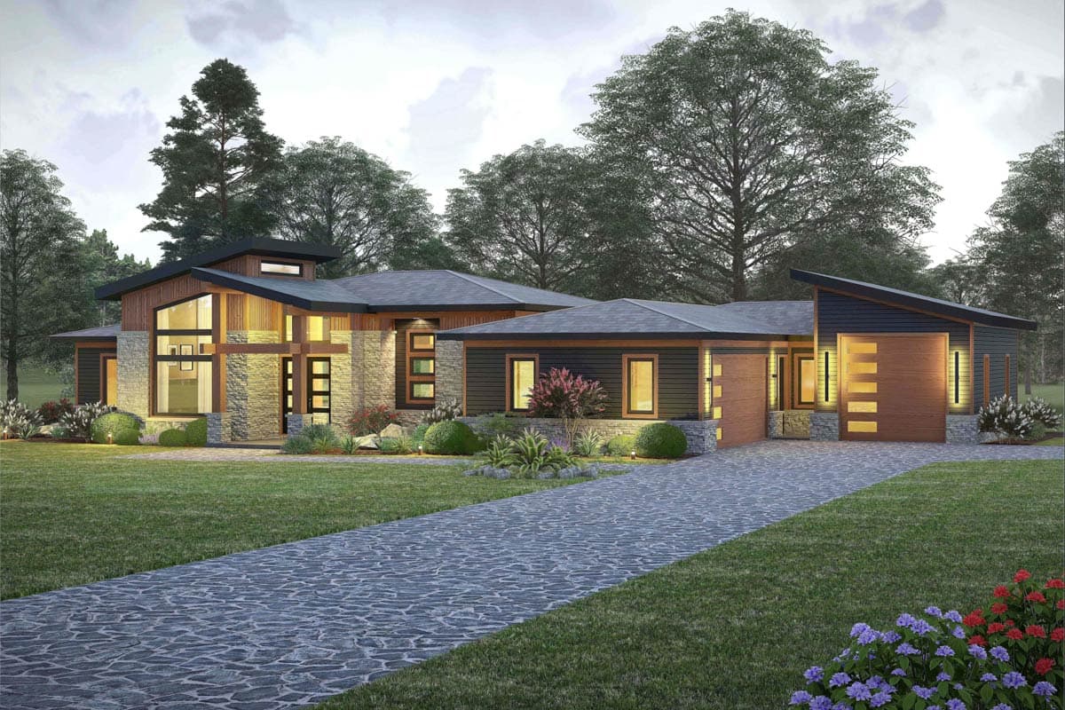 Modern house plan exterior with stone accents, multi-level rooflines, large windows, and a two-car garage with wood-paneled doors.