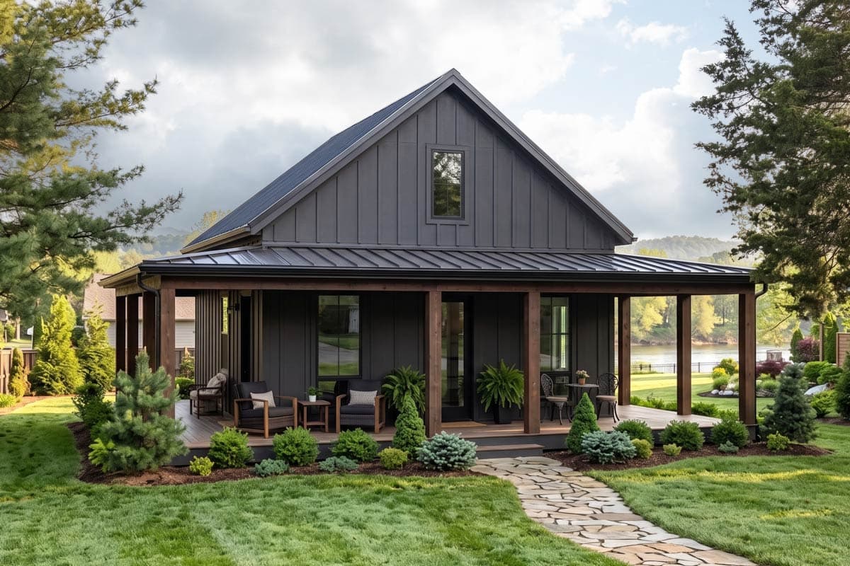 Modern farmhouse exterior with dark vertical siding, standing seam metal roof, and covered wrap-around porch supported by wood posts.