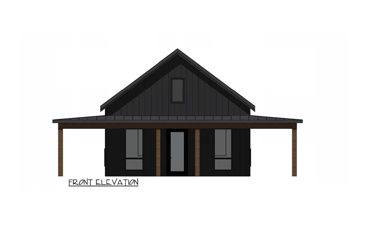 Front elevation drawing of a modern house plan with a gable roof, dark siding, covered porch, and central entry.