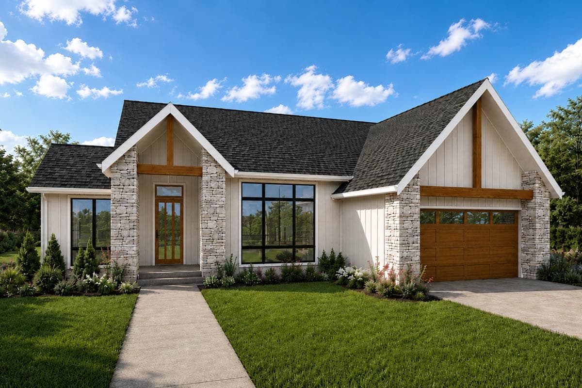 House plan exterior rendering: Modern Ranch style, one story, with stone accents, large windows, gabled entrance, and wood garage door.