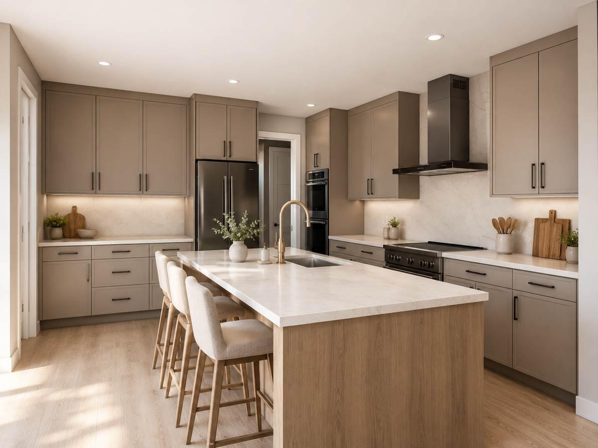 Modern kitchen with large island, neutral cabinetry, stainless steel appliances including a double oven, and a black range hood.